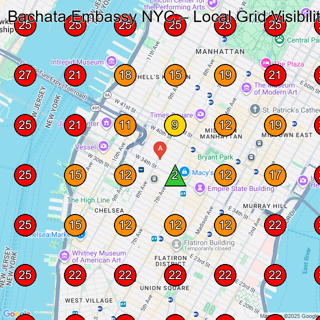 Bachata Embassy NYC GeoGrid visibility map for Dance School in 500 8th Ave